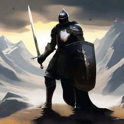 Generate an image of a knight, clad in black armor, holding a shield in one hand and a sword in the other, standing in a mountainous landscape