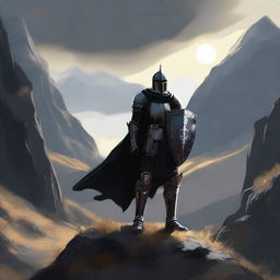 Generate an image of a knight, clad in black armor, holding a shield in one hand and a sword in the other, standing in a mountainous landscape