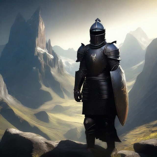 Generate an image of a knight, clad in black armor, holding a shield in one hand and a sword in the other, standing in a mountainous landscape