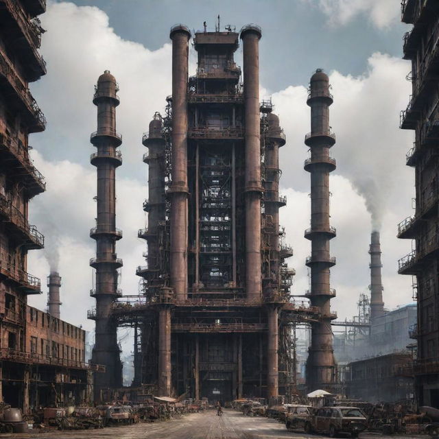 Create an image of the tallest building in a factorypunk setting. This imposing structure resembles a colossal industrial plant, characterized by dark steel, riveted iron beams, a labyrinth of pipes, large propellers, and billowing smokestacks, all testaments to the unrestrained industrial revolution.