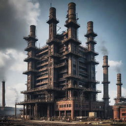 Create an image of the tallest building in a factorypunk setting. This imposing structure resembles a colossal industrial plant, characterized by dark steel, riveted iron beams, a labyrinth of pipes, large propellers, and billowing smokestacks, all testaments to the unrestrained industrial revolution.