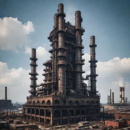 Create an image of the tallest building in a factorypunk setting. This imposing structure resembles a colossal industrial plant, characterized by dark steel, riveted iron beams, a labyrinth of pipes, large propellers, and billowing smokestacks, all testaments to the unrestrained industrial revolution.