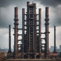 Create an image of the tallest building in a factorypunk setting. This imposing structure resembles a colossal industrial plant, characterized by dark steel, riveted iron beams, a labyrinth of pipes, large propellers, and billowing smokestacks, all testaments to the unrestrained industrial revolution.