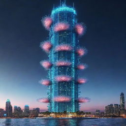 Visualize the tallest building in a seapunk universe. This should be an underwater skyscraper made of bio-luminescent materials, comprised of coral-like structures, undersea creatures swimming around, all glowing gracefully under the deep sea.