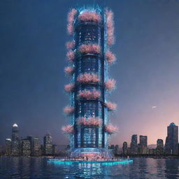 Visualize the tallest building in a seapunk universe. This should be an underwater skyscraper made of bio-luminescent materials, comprised of coral-like structures, undersea creatures swimming around, all glowing gracefully under the deep sea.