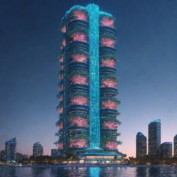 Visualize the tallest building in a seapunk universe. This should be an underwater skyscraper made of bio-luminescent materials, comprised of coral-like structures, undersea creatures swimming around, all glowing gracefully under the deep sea.