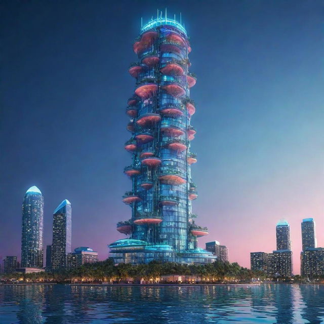 Visualize the tallest building in a seapunk universe. This should be an underwater skyscraper made of bio-luminescent materials, comprised of coral-like structures, undersea creatures swimming around, all glowing gracefully under the deep sea.