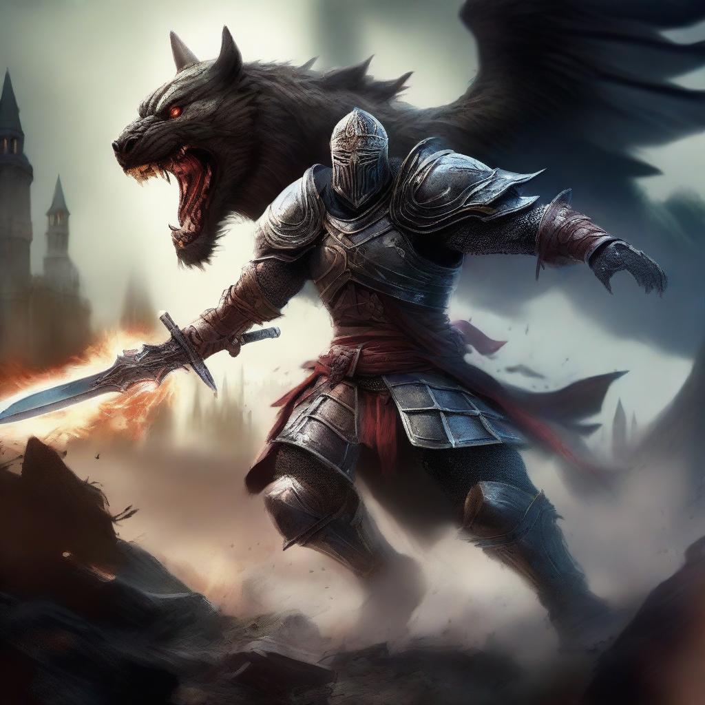 A fierce warrior clad in formidable armor, wielding a sharp sword and a sturdy shield