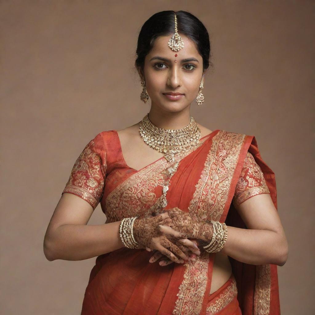 A dignified Hindu lady gracefully clad in an intricately designed saree, adorned with traditional Indian jewelry, and her hands decorated with henna.