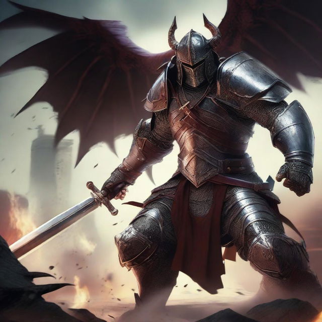 A fierce warrior clad in formidable armor, wielding a sharp sword and a sturdy shield