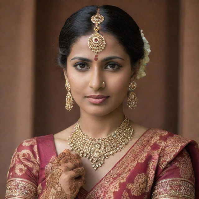 A dignified Hindu lady gracefully clad in an intricately designed saree, adorned with traditional Indian jewelry, and her hands decorated with henna.