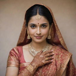 A dignified Hindu lady gracefully clad in an intricately designed saree, adorned with traditional Indian jewelry, and her hands decorated with henna.