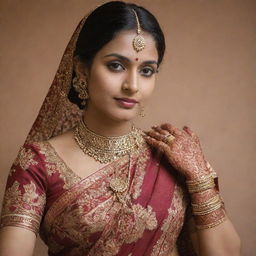 A dignified Hindu lady gracefully clad in an intricately designed saree, adorned with traditional Indian jewelry, and her hands decorated with henna.