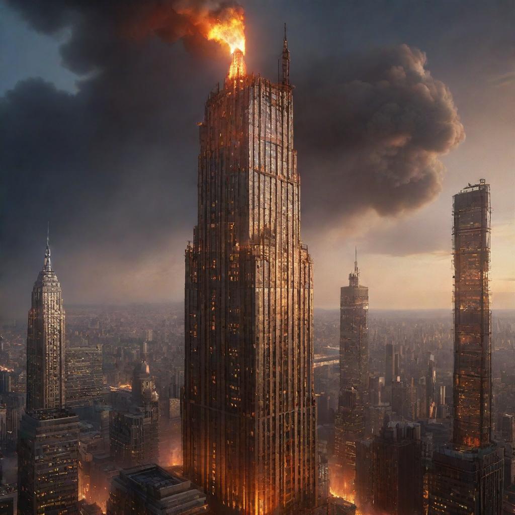 Create an image of the tallest building in a firepunk world. A staggering skyscraper of incandescent materials, emitting a warm glow with details including flaming torches, molten steel elements, and a crown of fire at its peak.