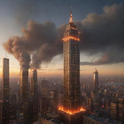 Create an image of the tallest building in a firepunk world. A staggering skyscraper of incandescent materials, emitting a warm glow with details including flaming torches, molten steel elements, and a crown of fire at its peak.