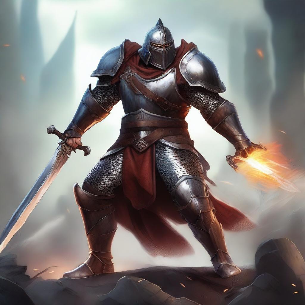 An epic fantasy scene where a brave hero, adorned in gleaming armor, wields a mighty sword and a durable shield