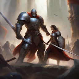 An epic fantasy scene where a brave hero, adorned in gleaming armor, wields a mighty sword and a durable shield