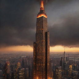 Create an image of the tallest building in a firepunk world. A staggering skyscraper of incandescent materials, emitting a warm glow with details including flaming torches, molten steel elements, and a crown of fire at its peak.