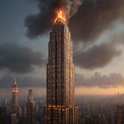 Create an image of the tallest building in a firepunk world. A staggering skyscraper of incandescent materials, emitting a warm glow with details including flaming torches, molten steel elements, and a crown of fire at its peak.