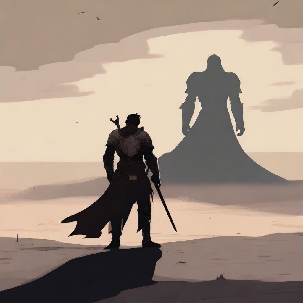 A solitary figure in armor, holding a sword and shield, walks alone across a barren landscape