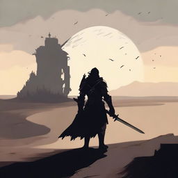 A solitary figure in armor, holding a sword and shield, walks alone across a barren landscape