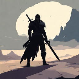 A solitary figure in armor, holding a sword and shield, walks alone across a barren landscape