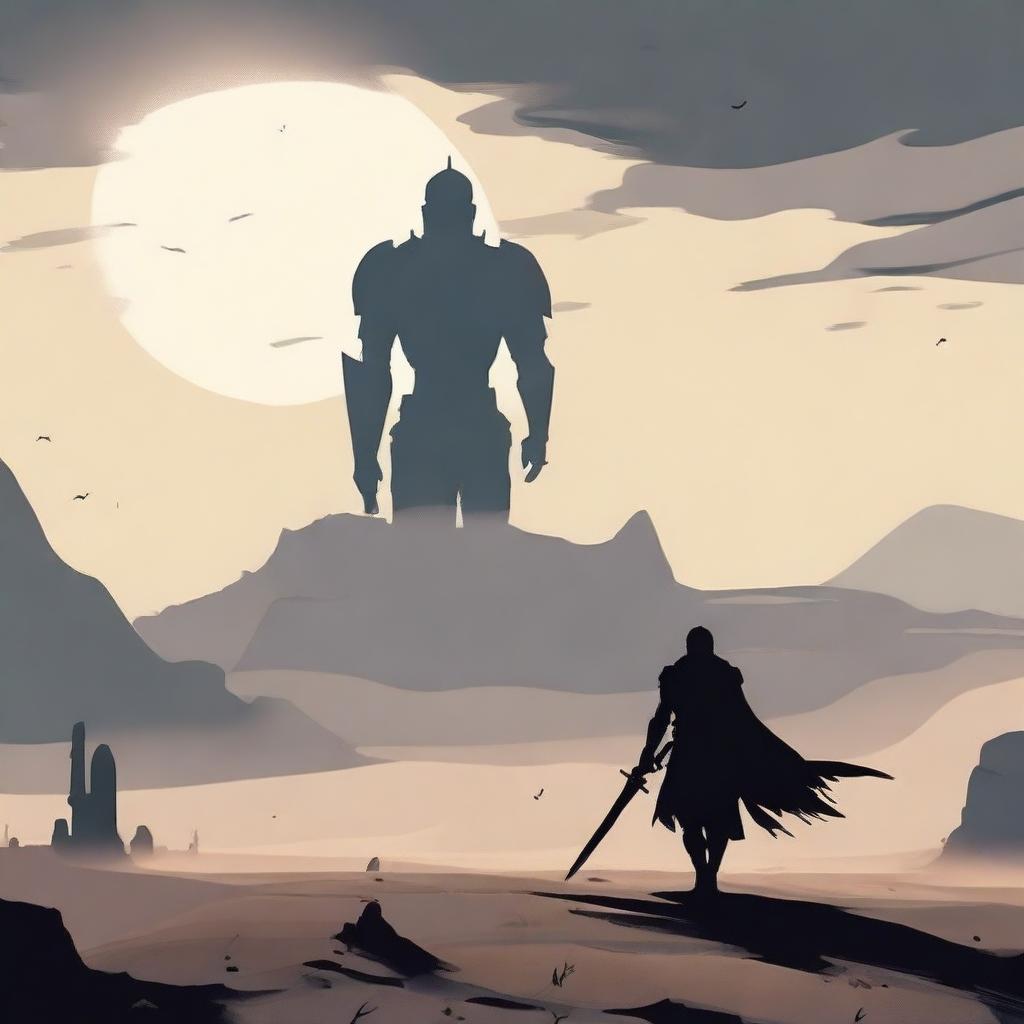 A solitary figure in armor, holding a sword and shield, walks alone across a barren landscape