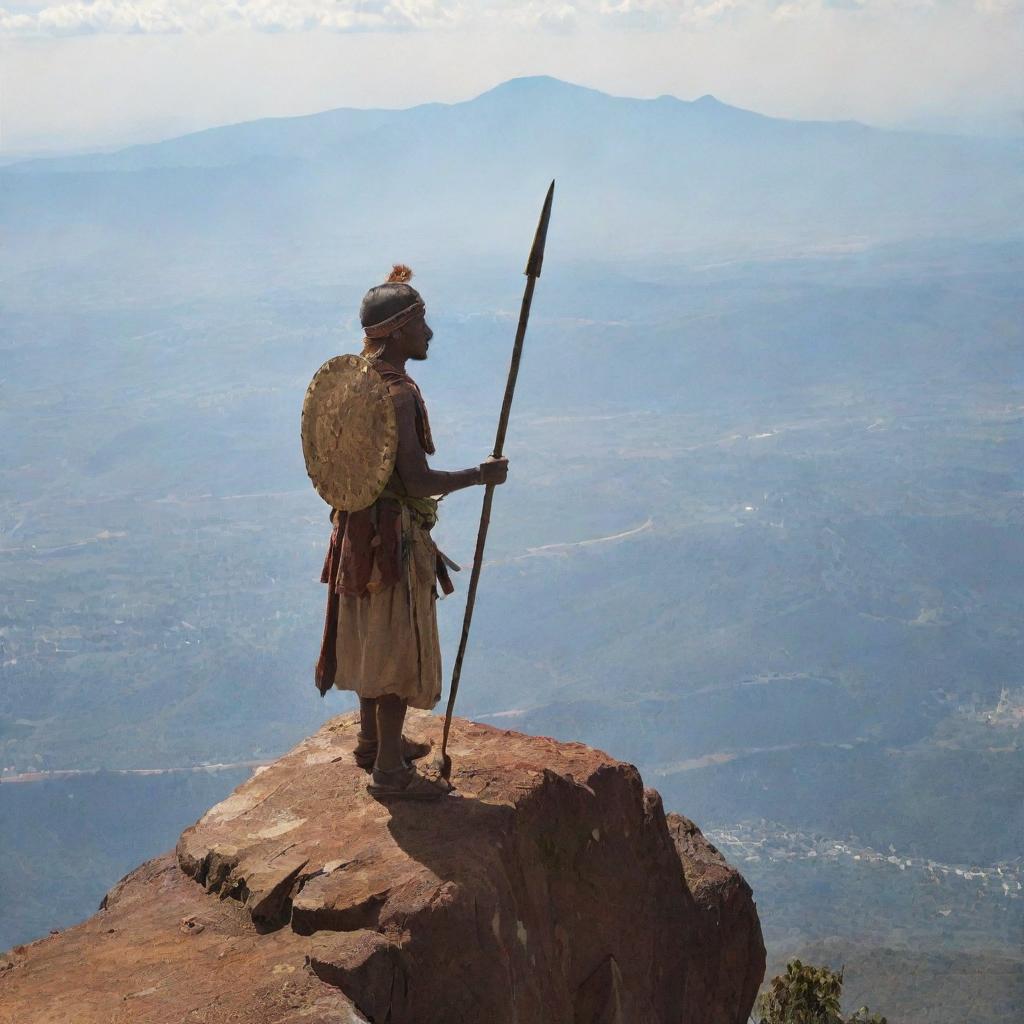 An Ethiopian warrior atop his ride on the peak of a mountain, brandishing a spear and a shield, overlooking the grand view.