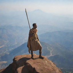 An Ethiopian warrior atop his ride on the peak of a mountain, brandishing a spear and a shield, overlooking the grand view.