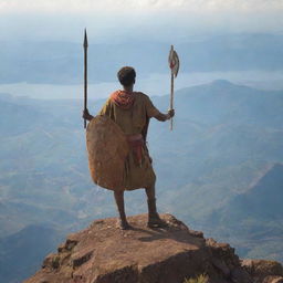 An Ethiopian warrior atop his ride on the peak of a mountain, brandishing a spear and a shield, overlooking the grand view.