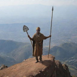 An Ethiopian warrior atop his ride on the peak of a mountain, brandishing a spear and a shield, overlooking the grand view.