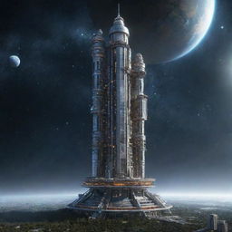 Imagine the tallest building in a spacepunk galaxy. A futuristic space station towering amidst the starry cosmos, composed of modular compartments, radiant energy reactors, telescopic antennas, and large observation decks for celestial viewing.