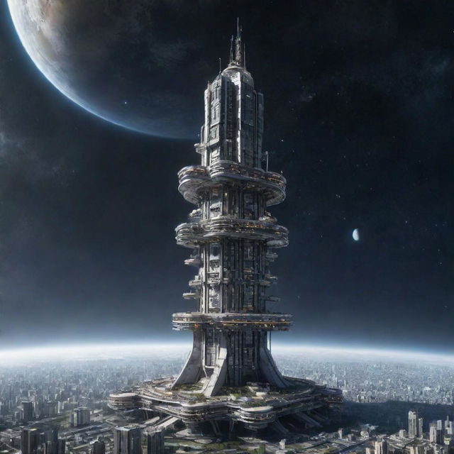 Imagine the tallest building in a spacepunk galaxy. A futuristic space station towering amidst the starry cosmos, composed of modular compartments, radiant energy reactors, telescopic antennas, and large observation decks for celestial viewing.