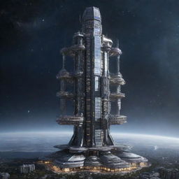 Imagine the tallest building in a spacepunk galaxy. A futuristic space station towering amidst the starry cosmos, composed of modular compartments, radiant energy reactors, telescopic antennas, and large observation decks for celestial viewing.