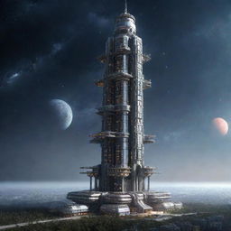 Imagine the tallest building in a spacepunk galaxy. A futuristic space station towering amidst the starry cosmos, composed of modular compartments, radiant energy reactors, telescopic antennas, and large observation decks for celestial viewing.