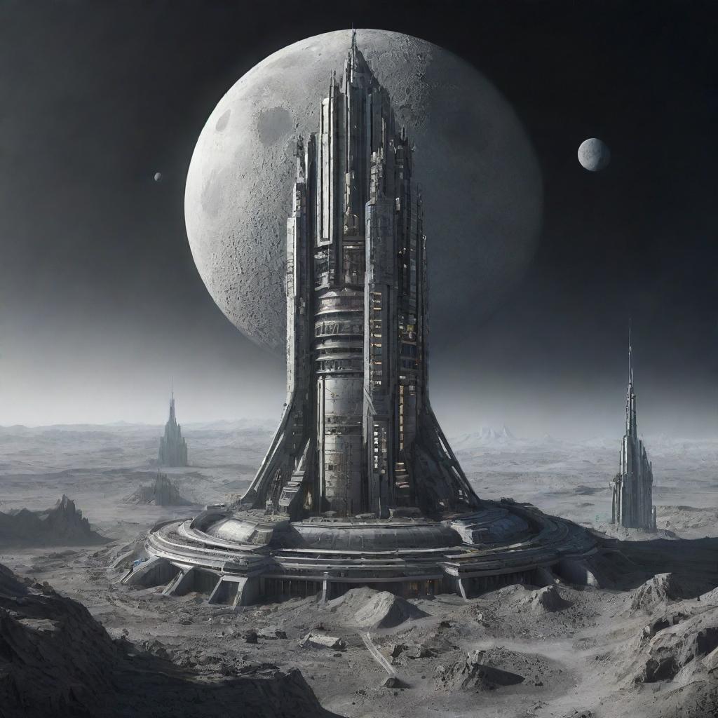 Depict the tallest building in a moonpunk setting. A moon base tower blending into a cratered landscape with circular habitat modules, lunar grey toned materials, surreal planetarium views, and adorned with space-age technologies.