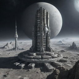 Depict the tallest building in a moonpunk setting. A moon base tower blending into a cratered landscape with circular habitat modules, lunar grey toned materials, surreal planetarium views, and adorned with space-age technologies.