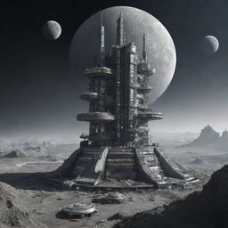 Depict the tallest building in a moonpunk setting. A moon base tower blending into a cratered landscape with circular habitat modules, lunar grey toned materials, surreal planetarium views, and adorned with space-age technologies.