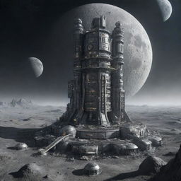 Depict the tallest building in a moonpunk setting. A moon base tower blending into a cratered landscape with circular habitat modules, lunar grey toned materials, surreal planetarium views, and adorned with space-age technologies.