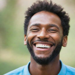 A joyful man, widely smiling with his eyes sparkling with happiness