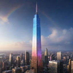 Illustrate the tallest building in a lightpunk environment. It's a dazzling skyscraper, made entirely from refractive and reflective materials, multiplicity of colors beaming out from it, creating iridescent light patterns and rainbows against the backdrop of the city.