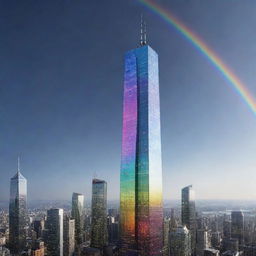 Illustrate the tallest building in a lightpunk environment. It's a dazzling skyscraper, made entirely from refractive and reflective materials, multiplicity of colors beaming out from it, creating iridescent light patterns and rainbows against the backdrop of the city.