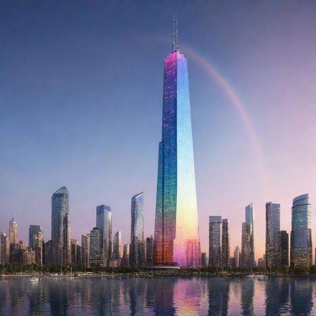 Illustrate the tallest building in a lightpunk environment. It's a dazzling skyscraper, made entirely from refractive and reflective materials, multiplicity of colors beaming out from it, creating iridescent light patterns and rainbows against the backdrop of the city.