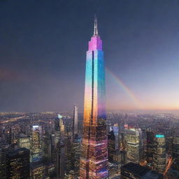 Illustrate the tallest building in a lightpunk environment. It's a dazzling skyscraper, made entirely from refractive and reflective materials, multiplicity of colors beaming out from it, creating iridescent light patterns and rainbows against the backdrop of the city.