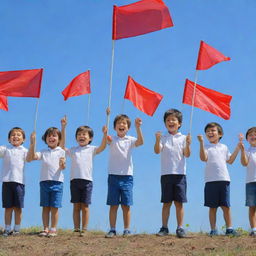 A group of joyful children, each merrily waving a bright red flag in their small hands, under a clear blue sky.