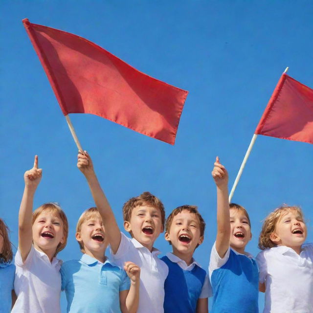 A group of joyful children, each merrily waving a bright red flag in their small hands, under a clear blue sky.