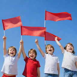 A group of joyful children, each merrily waving a bright red flag in their small hands, under a clear blue sky.