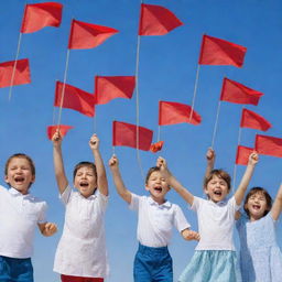 A group of joyful children, each merrily waving a bright red flag in their small hands, under a clear blue sky.