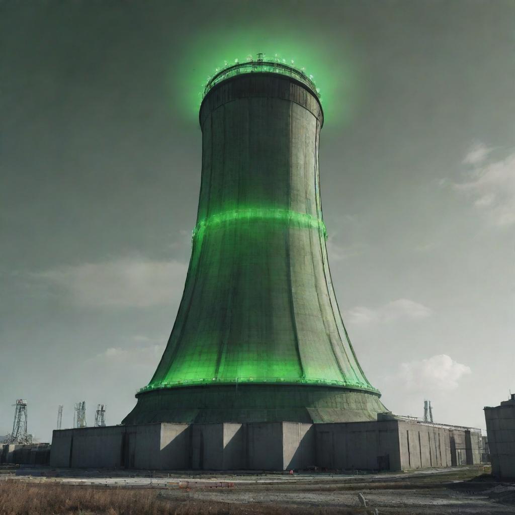 Create an image of the tallest building in a nuclearpunk world. It's a massive reactor tower, glowing ominously with a green hue; built from heavy concrete, metallic shielding, with cooling towers and a crown of radiating energy at the top.