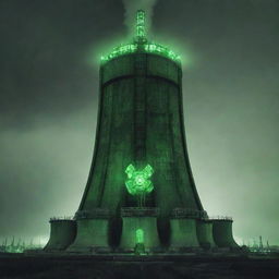 Create an image of the tallest building in a nuclearpunk world. It's a massive reactor tower, glowing ominously with a green hue; built from heavy concrete, metallic shielding, with cooling towers and a crown of radiating energy at the top.